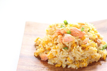 Chinese food, salmon and green pea fried rice