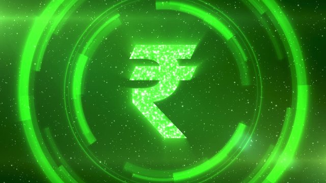 Green Indian rupee currency symbol centered on a starscape background with HUD elements. Seamlessly loopable animation.