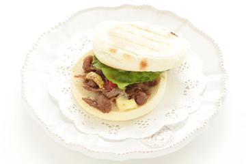 English muffin and Yakiniku beef sandwich
