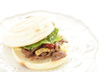 English muffin and Yakiniku beef sandwich