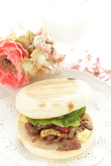  English muffin and Yakiniku beef sandwich