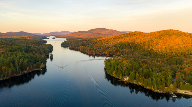 Aerial View Over Long Lake Adirondack Park Mountains New York USA