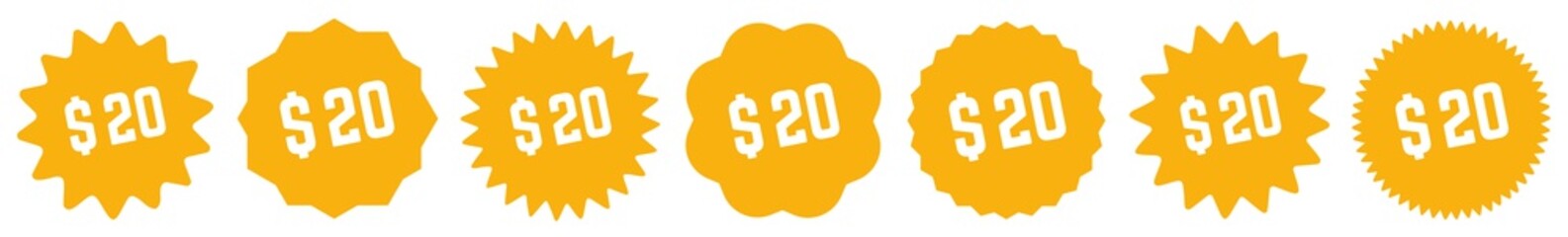 20 Price Tag Orange | 20 Dollar | Special Offer Icon | Sale Sticker | Deal Label | Variations