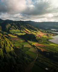 Aerial view of a bast and green landscape in Sao Miguel Island, Azores, Portugal