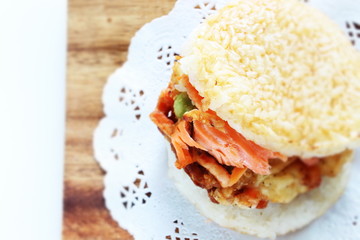 Japanese food, homemade salmon and tempura rice burger