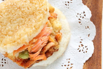 Japanese food, homemade salmon and tempura rice burger