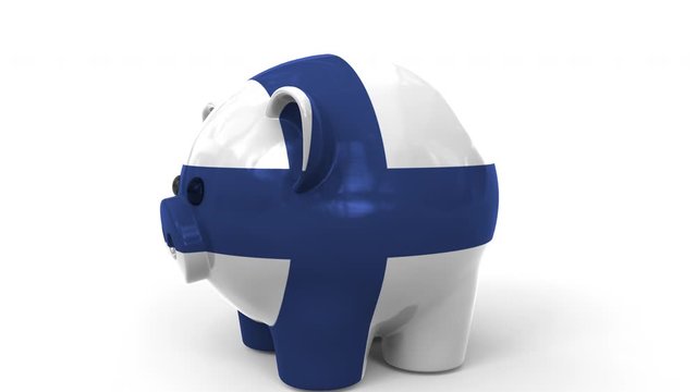 Coins fall into piggy bank painted with flag of Finland. National banking system or savings related conceptual 3D animation
