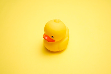 Yellow plastic duckling for toddler bath on yellow background