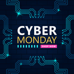 Fototapeta premium Cyber monday sale with circuit board background. Promotional online sale event.