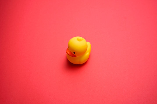 Yellow plastic duckling for toddler bath on red background