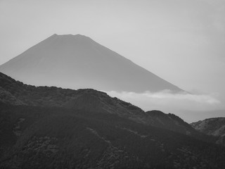 Fototapeta premium Black and White Shot of Mt. Fuji Behind Lake and Hills in Summer
