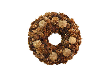 Golden Christmas wreath of different natural cones on a white background