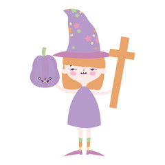 happy halloween celebration girl witch pumpkin and cross