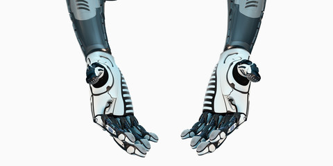 Robot arms palms up, cyber brain, 3d render, digital illustration