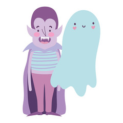 happy halloween celebration boy dracula costume and scary ghost cartoon