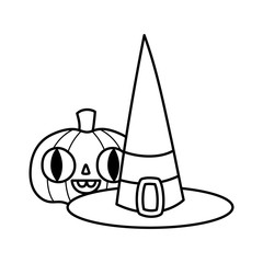 happy halloween celebration pumpkin with witch hat thick line