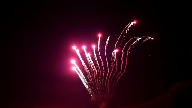 Half-round of red and multicolored firework element on black background night to create video about salute on holiday and pyrotechnics happy New Year, Christmas, birthday greetings.