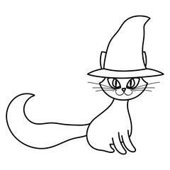 happy halloween celebration cat sitting with hat line style