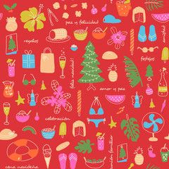 Latin american summer christmas, colorful seamless pattern, with text in spanish. "Merry Christmas!,love and peace,peace and happiness,celebration,friendship,gifts,family meeting,christmas dinner"