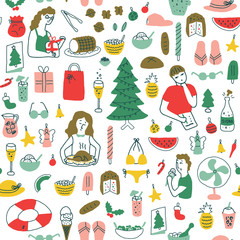 Latin american summer christmas, colorful seamless pattern, with people making preparations: lists, wrapping gifts, cooking. With christmas decorations, food, summer vacations and beach elements