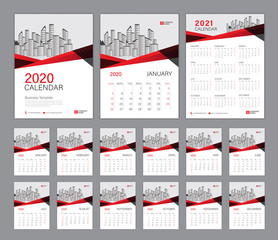Desk Calendar 2020 template, Calendar 2021, Cover design. Week Starts on Sunday, Set of 12 Months, planner template. Red polygon shape background