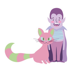 happy halloween celebration boy dracula and pink cat
