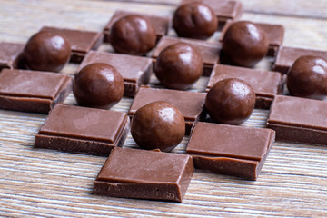 Chocolate pieces and balls.