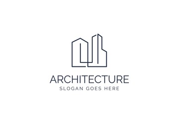 Fototapeta premium Simple modern building architecture logo design with line art skyscraper graphic