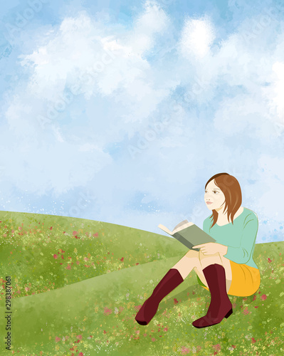 春 人物 春 本 女性 背景 おしゃれ 読書 朗読 本 図書 Wall Mural Okaka08