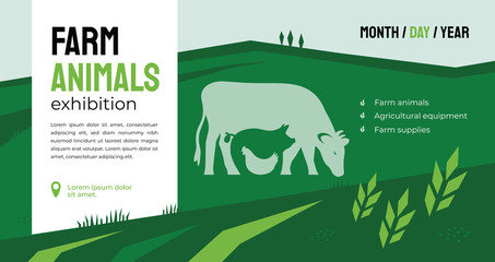 Design for agricultural exhibition. Identity for farm animals business, agricultural equipment, supplies, conference, forum. Illustration with sign of cow, pig, chicken. Template for flyer, banner, ad © OlgaStrelnikova