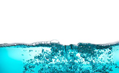 Beautiful blue water waves splashing in clean water on the white Background