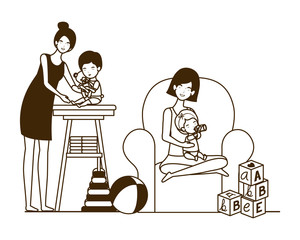 cute pregnancy mothers with little babies in livingroom