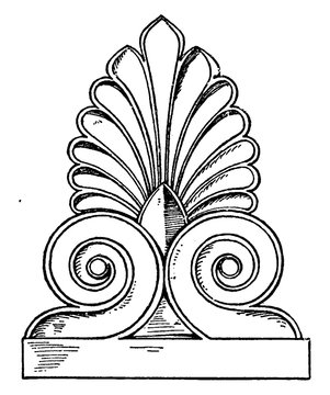 Greek Antefix is found in the lower roof line, vintage engraving.