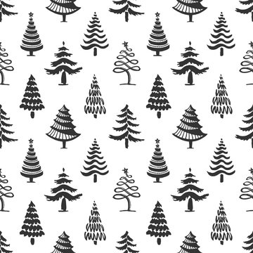 Hand drawn christmas tree seamless pattern isolated on white background. Ink vector illustration of fir tree different shapes. Modern brush calligraphy.
