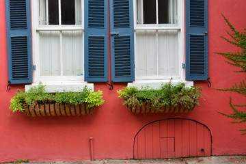Fototapeta na wymiar Charleston, SC Window Boxes, Rainbow Row and Doors