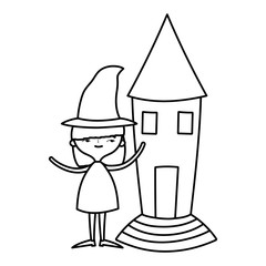 happy halloween celebration girl with hat witch and castle line style