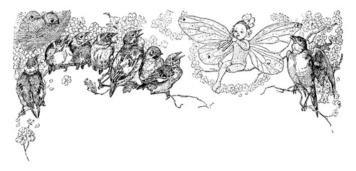 Naklejki  Birds Singing with a Fairy, vintage illustration