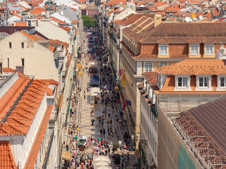 Aerial view of the vibrant Rua Augusta pedestrian retail shopping street in Baxia, Lisbon City Centre.