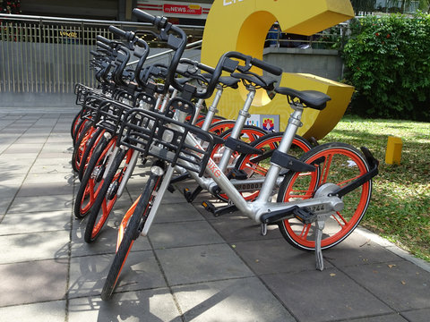 KUALA LUMPUR, MALAYSIA -DECEMBER 28, 2017: Rental bicycle  for public used parked in row. Similar in color and specification. 
