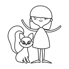 smiling girl open arms and cute cat line style