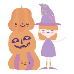 happy halloween celebration girl witch and pile pumpkins