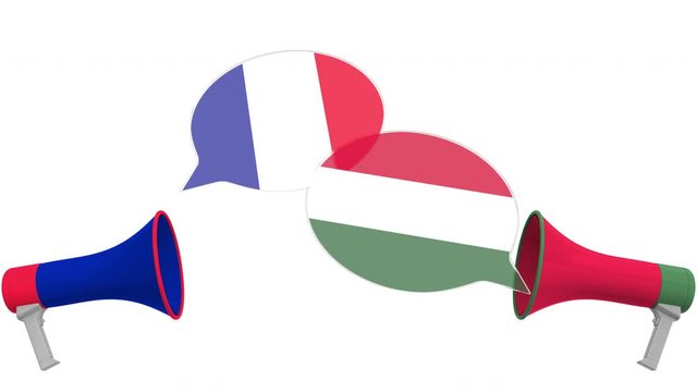 Speech bubbles with flags of Hungary and France. Intercultural dialogue or international talks related 3D animation