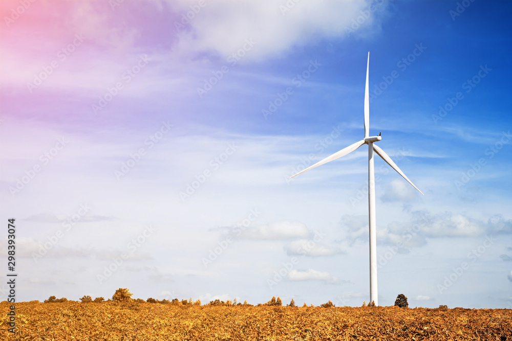 Wall mural wind turbine is alternative electrical power with blue sky, summer field, renewable energy