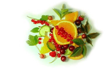 Still life with fresh assorted exotic fruits on leaf. Concept of healthy eating with fruits. Top...