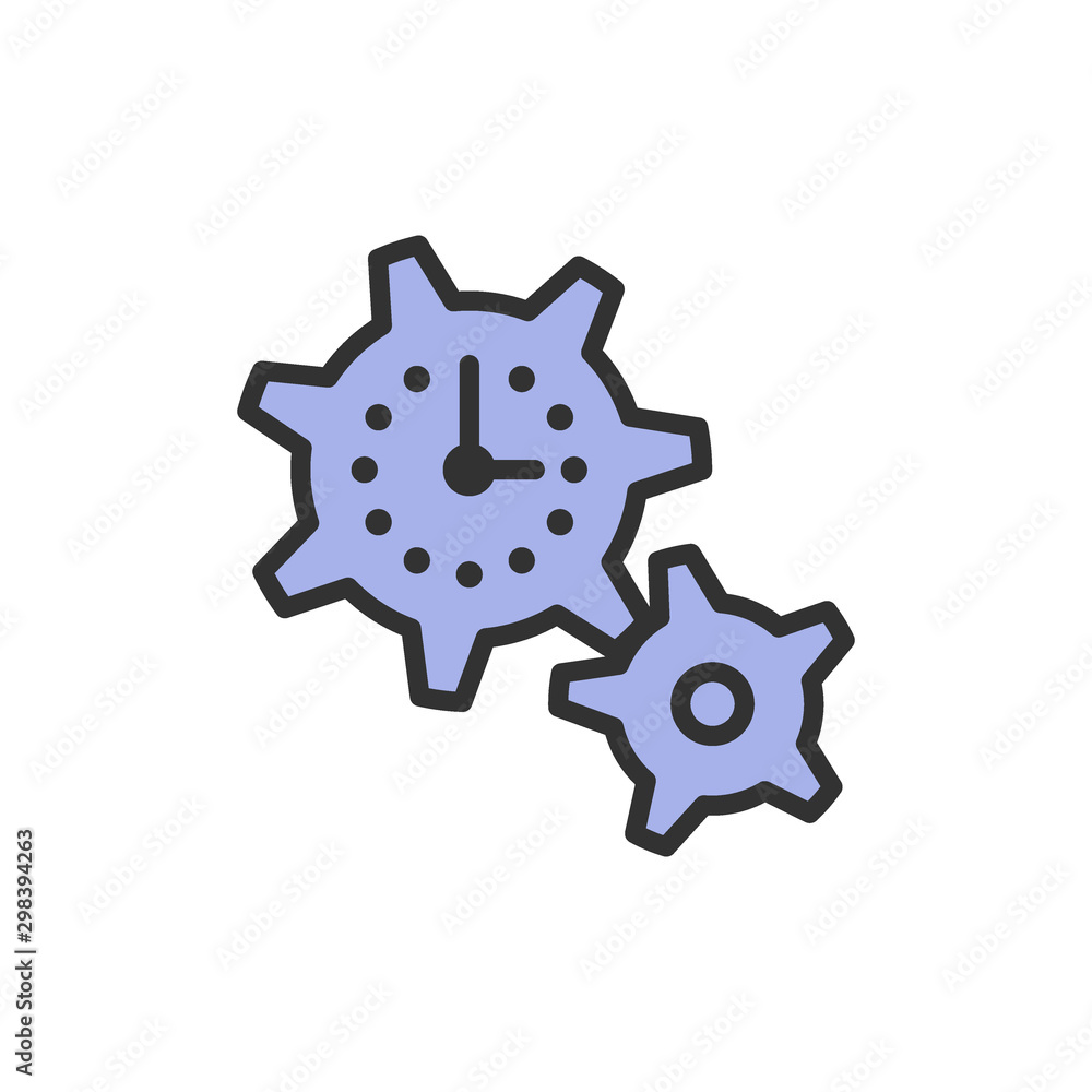 Poster clock with gears, tech time flat color line icon.
