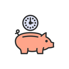 Clock with piggy bank, investment, debt, save time flat color line icon.