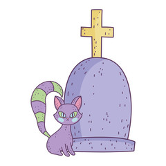 happy halloween celebration cat and gravestone with cross