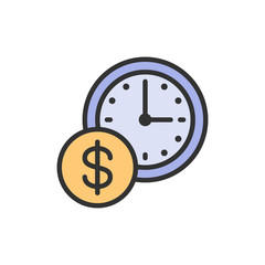 Time is money, clock with coin flat color line icon.