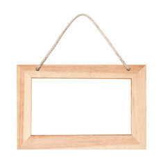 empty wooden sign frame with lope for hang on white background with clipping path