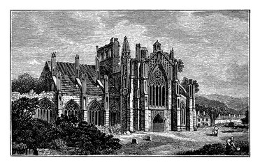 Melrose Abbey Ruins, a Gothic-style abbey in Melrose, vintage engraving.